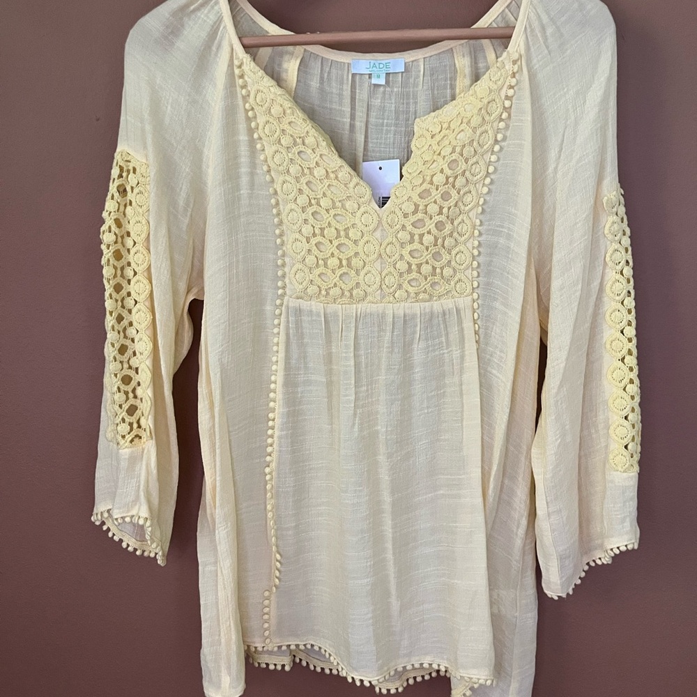NWT Sheer Yellow Lace Trim Summer Blouse by Jade